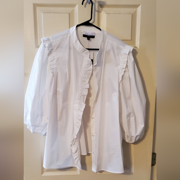 Eloquii  Elements Women's Plus Size Puff Sleeve Shirt With Ruffles - Picture 5 of 10